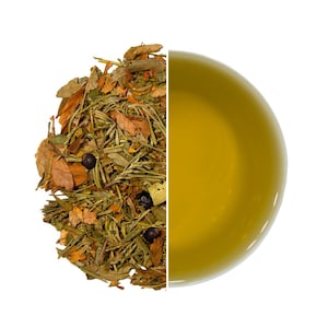 May include: A split image presents loose herbal tea and brewed tea. The tea blend features dried leaves, green herbs, and dark berries. The brewed tea has a golden yellow hue, indicating a rich, flavourful infusion. The background is plain white.