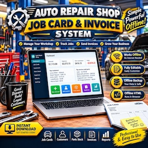 Auto Repair Shop Job Card & Invoice System | Offline HTML Software (Digital Download)