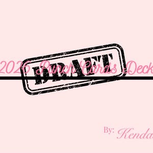 May include: A pink background with text that reads "2020 Punch Cards Deck" with the word "DRAFT" stamped across it. The text is in a cursive font. Below the text is the phrase "By: Kendall Naomi".