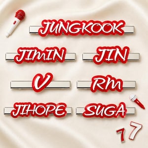 Ensemble de pinces à cheveux BTS, pinces à cheveux en acrylique avec nom de membre BTS, cadeau pour fan de Kpop Army, accessoire pour cheveux Bangtan 7 membres, pince à cheveux musique rouge et blanche