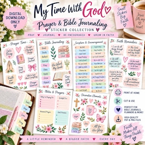 以下が含まれることがあります： My Time With God Prayer & Bible Journalingというタイトルのデジタルダウンロードステッカーコレクション。このセットには、花柄、ハート、宗教的なテキスト、祈りのプロンプトが描かれた複数のシートが含まれており、印刷やカット用アイコンも添えられています。