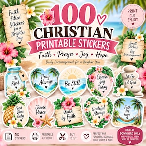 Puede incluir: Una colección de 100 pegatinas cristianas imprimibles con temas tropicales, flores de hibisco y textos inspiradores como Be Kind, Pray Always, Be Still, Choose Joy Today, Let Go Let God, Good Vibes Only, Choose Peace y Walk by Faith.
