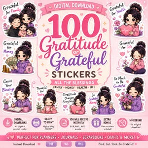 100 Gratitude Stickers PNG PDF | Grateful Planner Stickers | Kawaii Journal Stickers | Printable Digital Download | GoodNotes