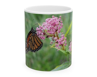 Monarch Butterfly on Pink Milkweed Mug | Ceramic Coffee Tea Cup
