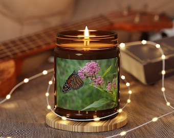 Monarch Butterfly on Pink Flowers Candle | Amber Jar Soy Candle