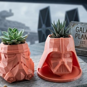 Peut inclure: Deux cache-pots géométriques de couleur pêche en forme de casques de personnages. L'un a la forme d'un casque de stormtrooper contenant une plante grasse, l'autre d'un casque de Dark Vador avec une plante épineuse, posés sur un plateau assorti.