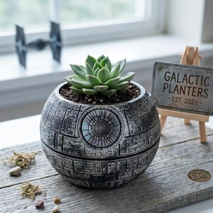 May include: A spherical grey planter with a textured surface resembling a space station, containing a green succulent plant. A small metal sign nearby reads GALACTIC PLANTERS - EST. 2024. The planter features a circular detail on the front.