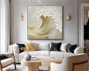 Large 3D Textured Impasto Ocean Wave Canvas Art For Neutral Living Room Wall Decor