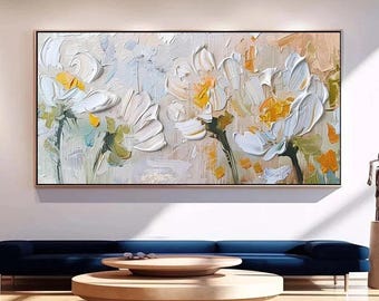 Teksturowany biały obraz na płótnie z motywem kwiatowym, abstrakcyjny obraz botaniczny z stokrotką, nowoczesny wystrój salonu