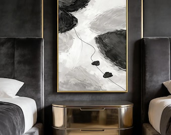 Groot zwart-wit getextureerd canvasschilderij: moderne minimalistische abstracte muurkunst