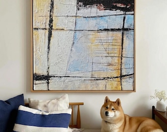 Ręcznie malowany abstrakcyjny obraz na płótnie o fakturze, nowoczesny obraz w odcieniach niebieskiego i beżu, minimalistyczny wystrój domu