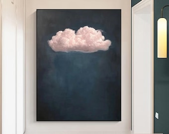 Pintura al óleo original de nubes, cielo índigo abstracto, arte minimalista sobre lienzo texturizado.