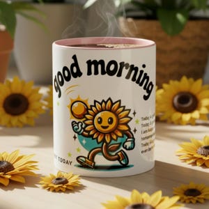 Może przedstawiać: Biały ceramiczny kubek z napisem "good morning" czarnym pismem. Kubek przedstawia postać z kreskówki słonecznika i jest otoczony słonecznikami. Kubek ma różowe wnętrze i jest wypełniony ciemnym płynem.