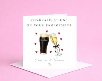 Tarjeta de compromiso personalizada, felicitaciones por su compromiso, nombres de pareja personalizados, champán y Guinness, recuerdo hecho a mano de 6x6.