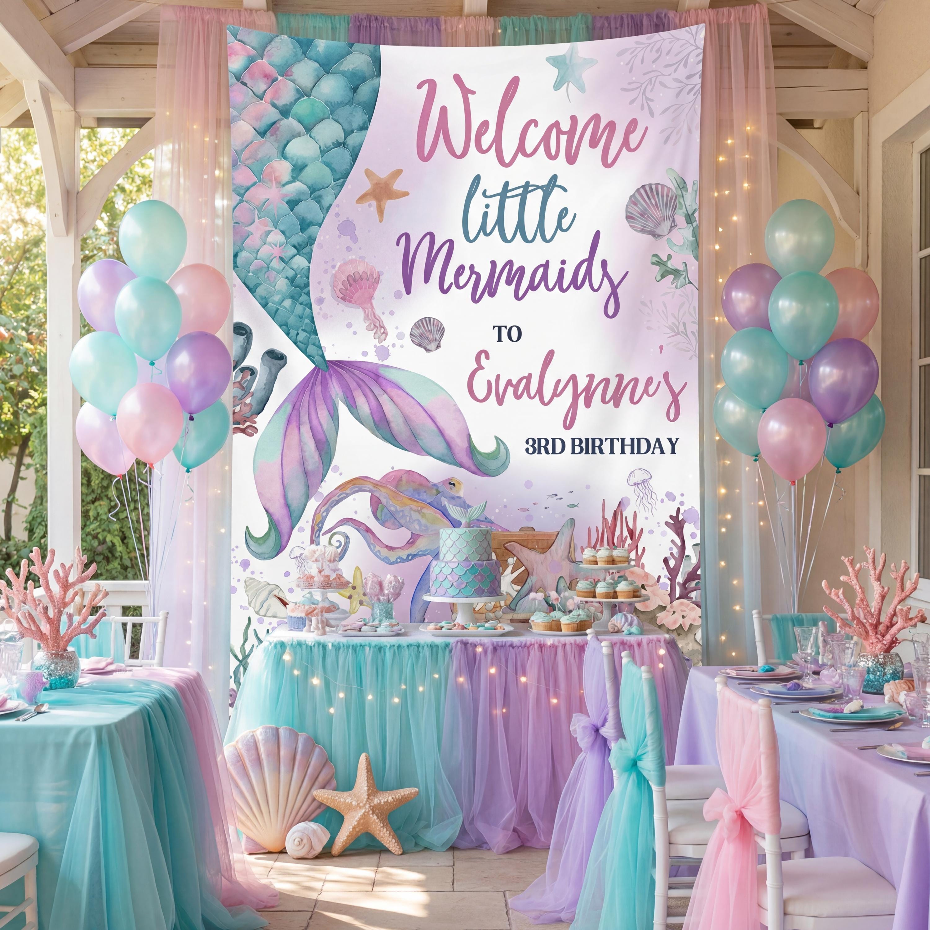 Mermaid Birthday Backdrop, Girls Under the Sea Party Banner, Custom ...