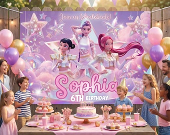 Personalized Huntrix Birthday Banner, Kpop Demon Hunters Party Backdrop, Rumi Mira Zoey Photo Background, Anime Girl Room Decor