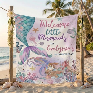 Mermaid Birthday Backdrop, Girls Under the Sea Party Banner, Custom Mermaid Tail Tapestry, Ocean Theme Photo Booth Prop