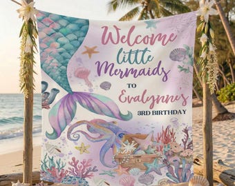 Mermaid Birthday Backdrop, Girls Under the Sea Party Banner, Custom Mermaid Tail Tapestry, Ocean Theme Photo Booth Prop