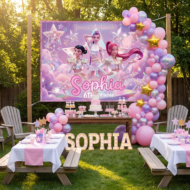 May include: A birthday party scene with a banner that reads "Join us to celebrate!" and "Sophia 6th Birthday." The party features a table with a cake, cupcakes, and a balloon arch in pink, purple, and gold. Picnic tables are set up with pink table runners.
