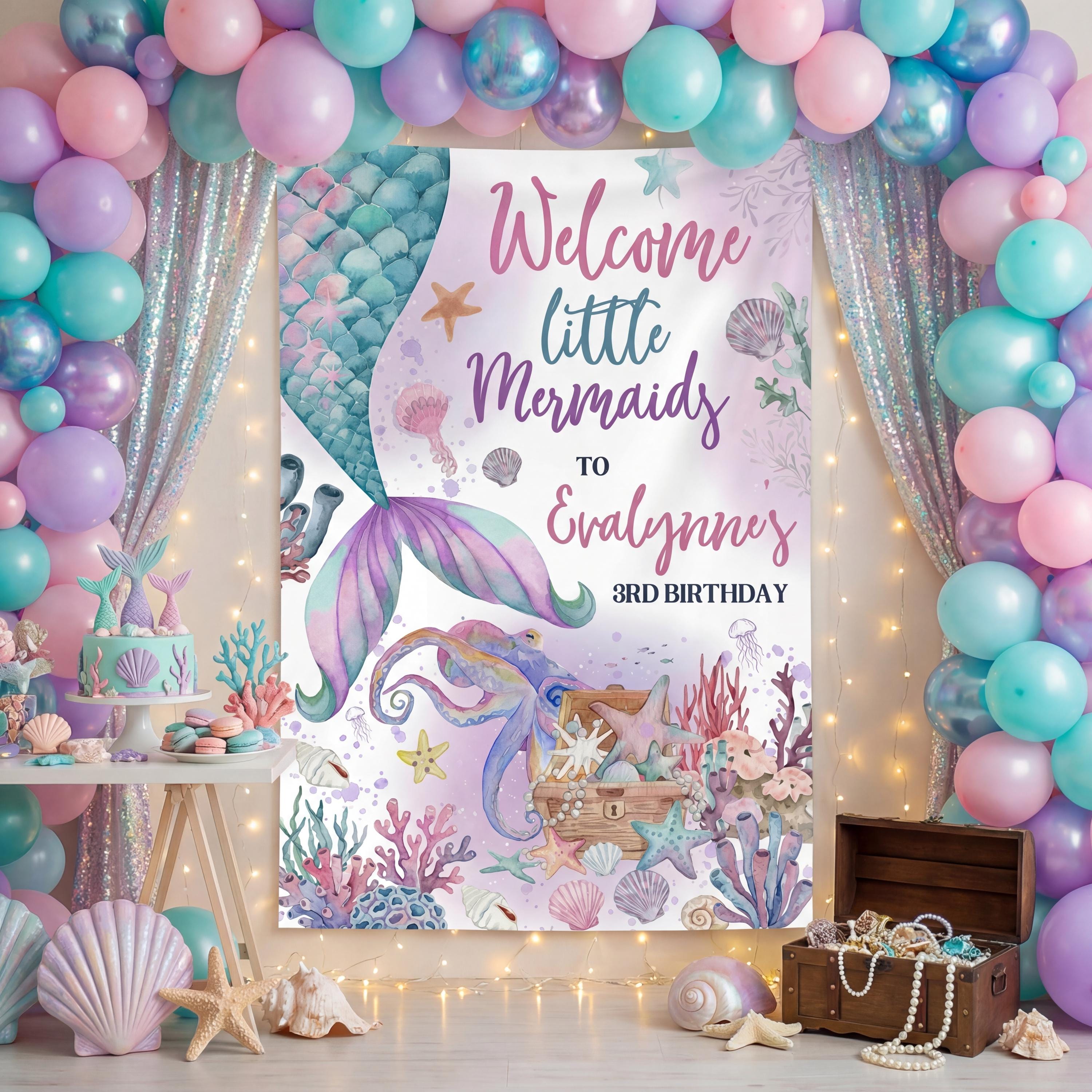 Mermaid Birthday Backdrop, Girls Under the Sea Party Banner, Custom ...