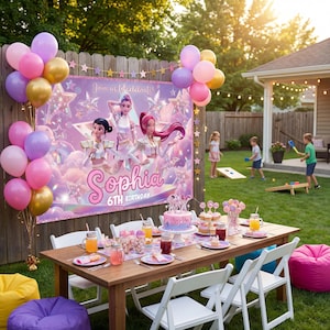 Personalized Huntrix Birthday Banner, Kpop Demon Hunters Party Backdrop, Rumi Mira Zoey Photo Background, Anime Girl Room Decor image 3