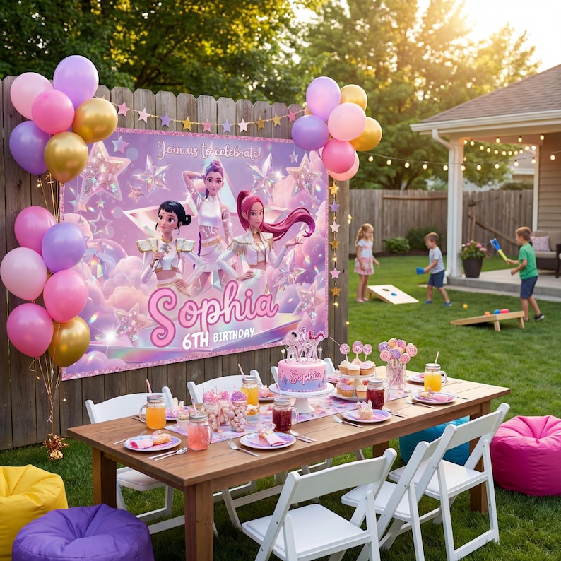 Personalized Huntrix Birthday Banner, Kpop Demon Hunters Party Backdrop, Rumi Mira Zoey Photo Background, Anime Girl Room Decor image 3