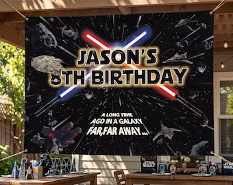 Personalized Galaxy Birthday Backdrop, Space Wars Party Banner, Custom Lightsaber Decor, Sci-Fi Theme Birthday Sign for Boys, Photo Prop
