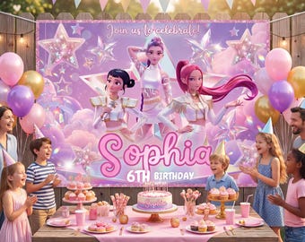 Personalized Huntrix Birthday Banner, Kpop Demon Hunters Party Backdrop, Rumi Mira Zoey Photo Background, Anime Girl Room Decor