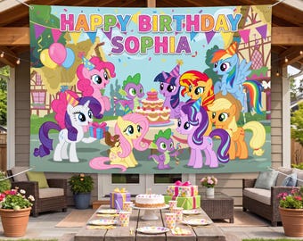 Personalized Pony Birthday Backdrop, Custom Name MLP Party Banner, Girls Rainbow Magical Theme Party Decor, Photo Background