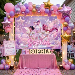 May include: A party scene with a pink theme, featuring a banner that reads "Sophia 6th Birthday." Balloons in pink, purple, and gold decorate the area. A table with a sequined pink tablecloth displays gifts and a sign that says "Welcome."