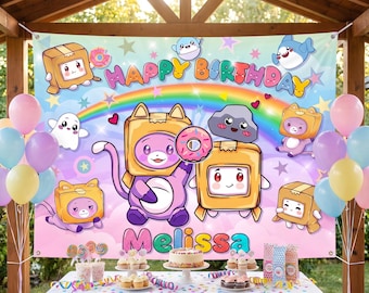 May include: A rectangular birthday backdrop banner featuring a colorful rainbow, stars, and cartoon characters in cardboard boxes. The text reads Happy Birthday and Melissa in bright, multi-colored letters. The banner is displayed behind a table.
