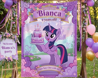 Personalized Pony Birthday Backdrop, Twilight Sparkle Party Banner, Custom MLP Tapestry, Girls Room Decorations