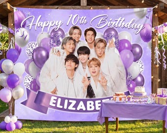 Personalized Kpop Birthday Backdrop, Custom Purple Theme Party Banner, Boy Band Photo Booth Prop, Korean Pop Music Decor