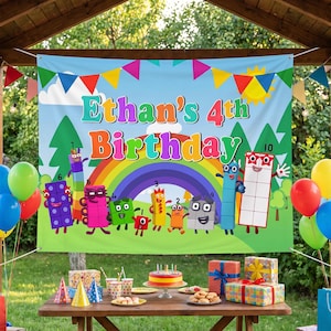 Personalized Colorful Math Block Birthday Backdrop, Custom Number Character Party Banner, Rainbow Educational Theme Kids Decoration