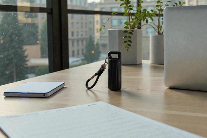 May include: A black, cylindrical container with a key ring attached, sitting on a wooden desk. A white laptop and a white tablet are also on the desk. Green plants in concrete pots are in the background.