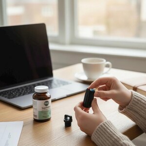 May include: A person holding a small black pill container, with pills visible inside. A brown bottle of supplements and a laptop are on the desk. A cup of coffee and a notebook are also on the desk.