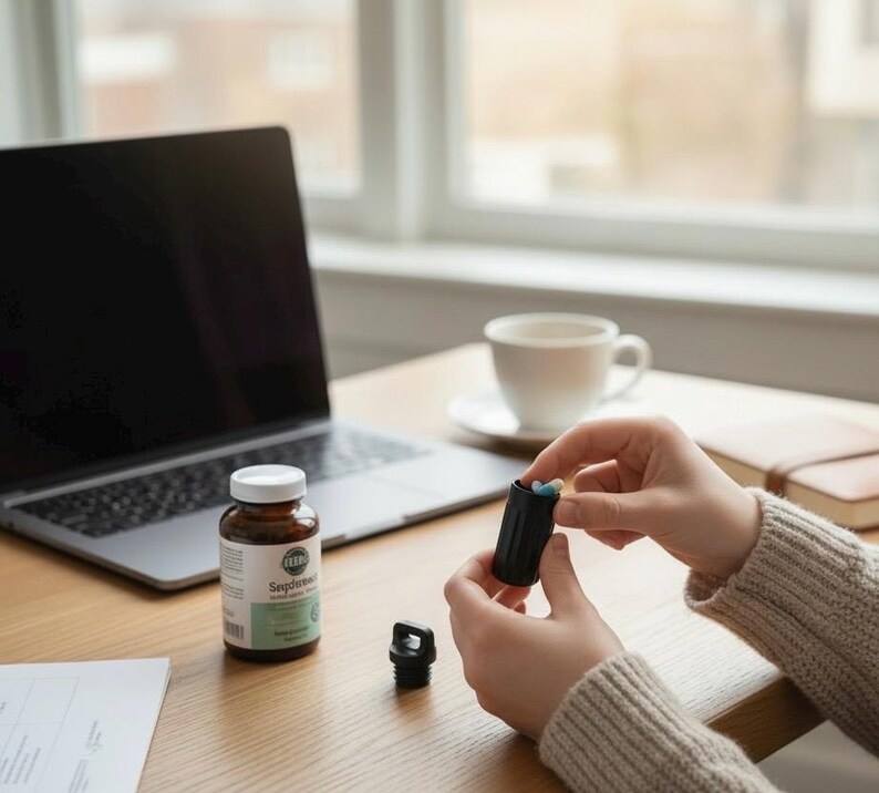 May include: A person holding a small black pill container, with pills visible inside. A brown bottle of supplements and a laptop are on the desk. A cup of coffee and a notebook are also on the desk.