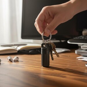 May include: A black key holder with a ring holding several keys. The key holder is cylindrical and ribbed. The keys are gold-colored. The key holder is on a wooden desk with a pen, notebook, and earbuds.