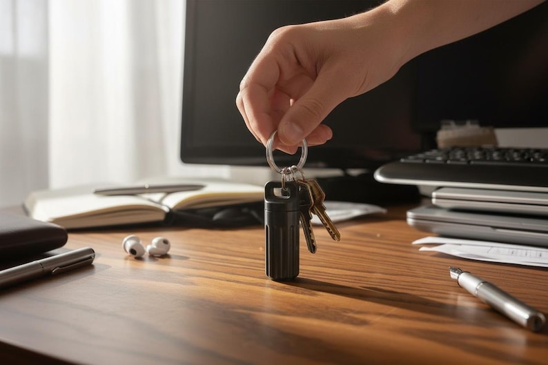 May include: A black key holder with a ring holding several keys. The key holder is cylindrical and ribbed. The keys are gold-colored. The key holder is on a wooden desk with a pen, notebook, and earbuds.