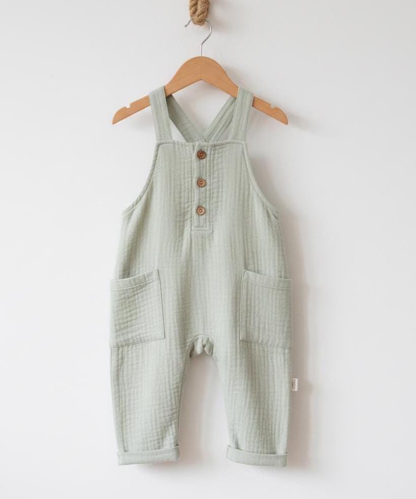 Sage Green Muslin Baby Romper, Organic Cotton, Wooden Buttons, Gender Neutral Toddler Outfit