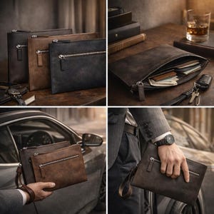 Könnte beinhalten: Eine Auswahl an braunen Leder-Reißverschlusstaschen. Die Taschen haben ein schlichtes Design mit einem einzigen Reißverschluss und einer Handschlaufe. Eine Tasche ist geöffnet und zeigt Karten und andere Gegenstände. Die Taschen werden in verschiedenen Umgebungen gezeigt.