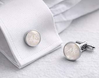 Personalisierte Manschettenknöpfe mit Initialen, Perlmuttoptik & Edelstahl, Gravur, Geschenk für Bräutigam, Hochzeit, Vater,Männer,Gentleman