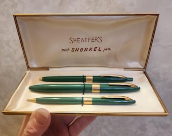 Juego de 3 plumas Sheaffers, raras, en caja original, color verde pastel, nunca usadas, juego de snorkel con puntos blancos, juego de pluma estilográfica.