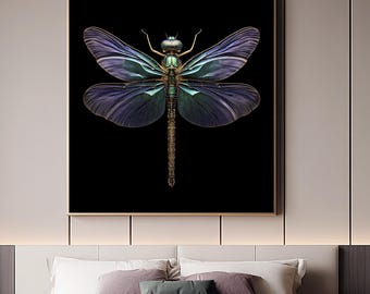 Majestic Dragonfly Wall Art 30x30 Digital JPEG, Luxurious Insect Poster, Dark Academy Decor, Large Iridescent Wings, Nature Wall Decor