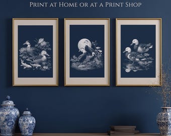 Chinoiserie Mallard Ducks Printable Set of 3 | 24x36 Wall Art PNG 300 DPI | Dark Navy Bird Art with Moon, Lotus and Koi