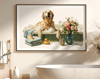 Golden Retriever Bathroom Wall Art, Dog in Bubble Bath Print, Cozy Home Decor for Dog Lovers, Digital PNG Download