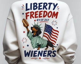 4th of July Hot Dog PNG, Dachshund Statue of Liberty Shirt Design with USA Flag, Liberty Freedom Wieners Patriotic T‑Shirt Digital Download