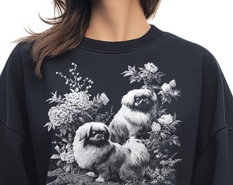 Pekingese Chinoiserie PNG, Dog Sublimation Design, Vintage Flowers Engraving PNG, T-Shirt Design, Instant Download, Dtf Print