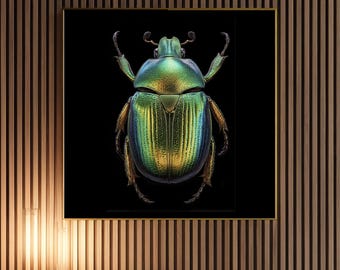 Scarab Beetle Wall Art Print | Iridescent Royal Green Art For Good Luck And To Attract Money | Digital Download 30x30 Inches