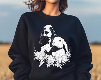 Cocker Spaniel and Bunny PNG T‑Shirt Design, Floral Animal Lover Pet Illustration, Rabbit and Dog Sweatshirt Graphic